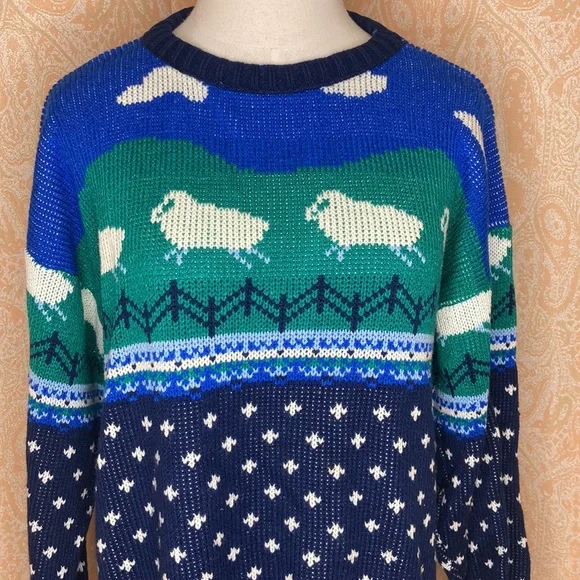 Vintage knit sweater sheep clouds pattern size large - Picture 4 of 11